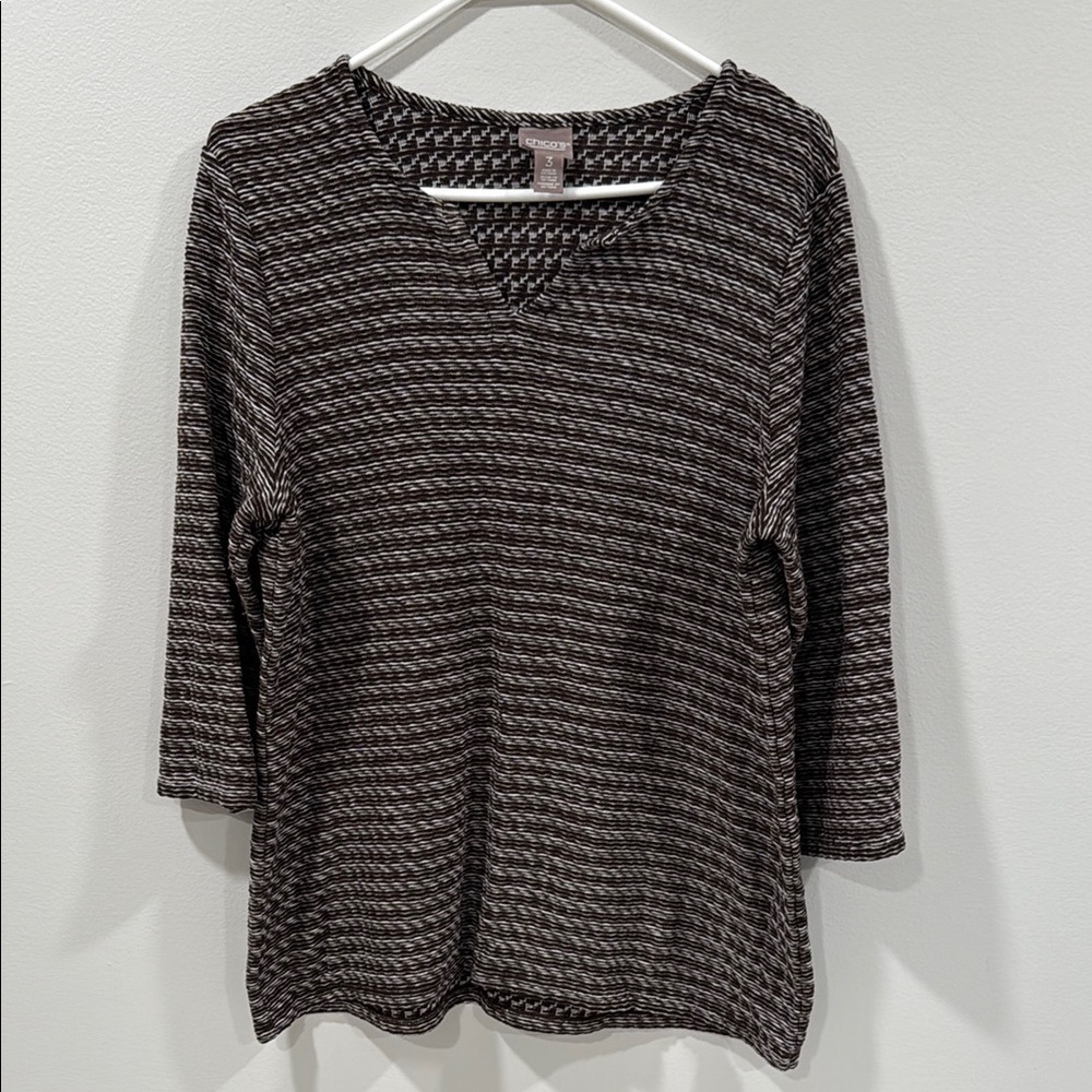 Chico's Brown and White Top 3/4 Sleeves Size 3 (XL) EUC